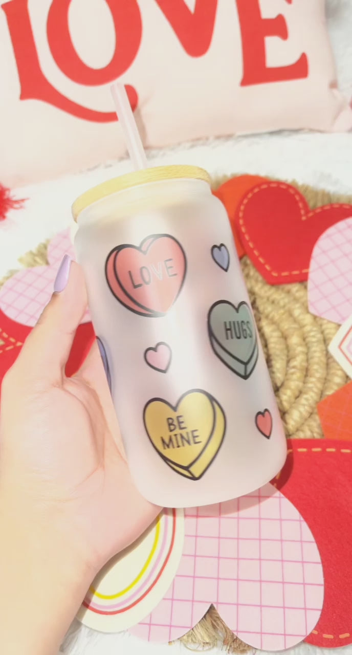 Conversation Hearts Frosted Glass Can